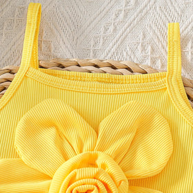 Girls Yellow Big Flower Applique Top With Floral Printed Denim Shorts Set Sets