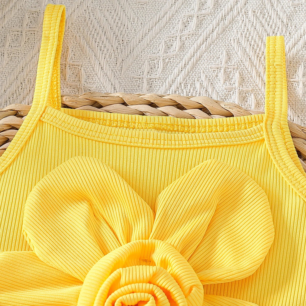 Girls Yellow Big Flower Applique Top With Floral Printed Denim Shorts Set Sets