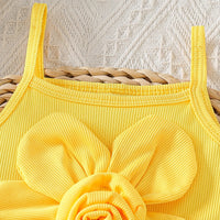 Girls Yellow Big Flower Applique Top With Floral Printed Denim Shorts Set Sets