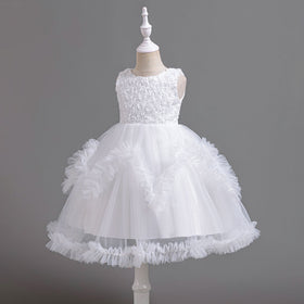 Girls White Floral Embroidered Party Wear Balloon Dress Party Dresses White 5-6 Y