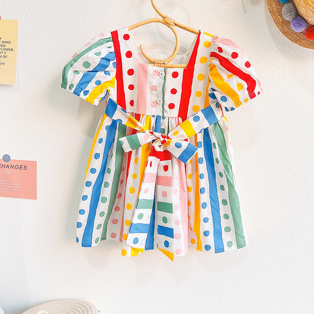 Girls Multicolor Polka Dot Print Fit & Flare Dress