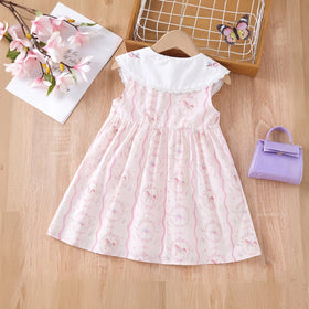 Girls Light Pink Printed Sleeveless A-Line Dress Casual Dresses