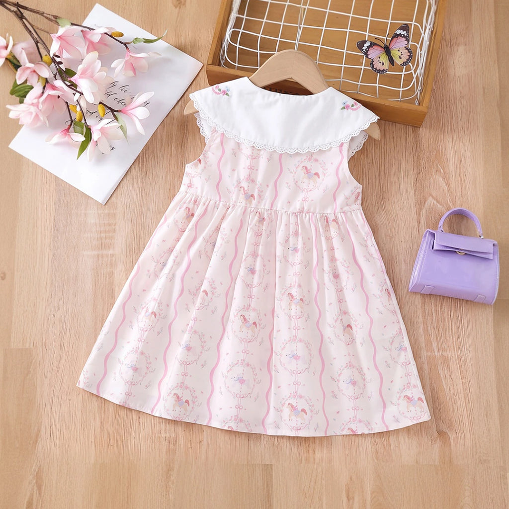 Girls Light Pink Printed Sleeveless A-Line Dress Casual Dresses