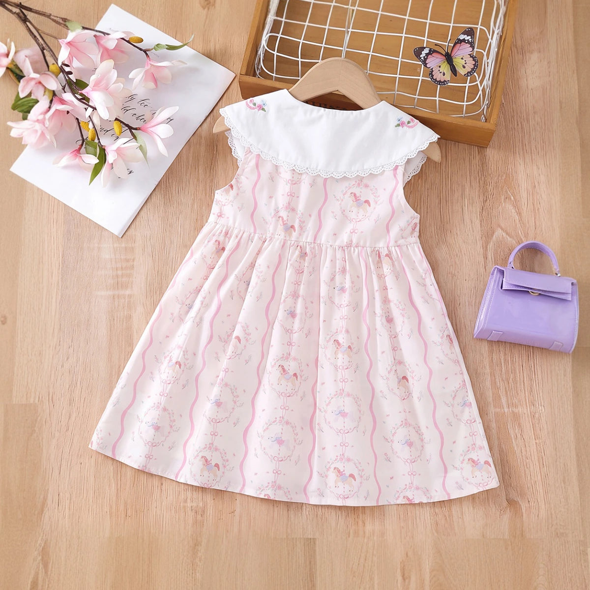 Girls Light Pink Printed Sleeveless A-Line Dress Casual Dresses