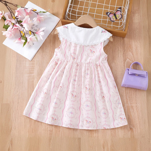 Girls Light Pink Printed Sleeveless A-Line Dress Casual Dresses