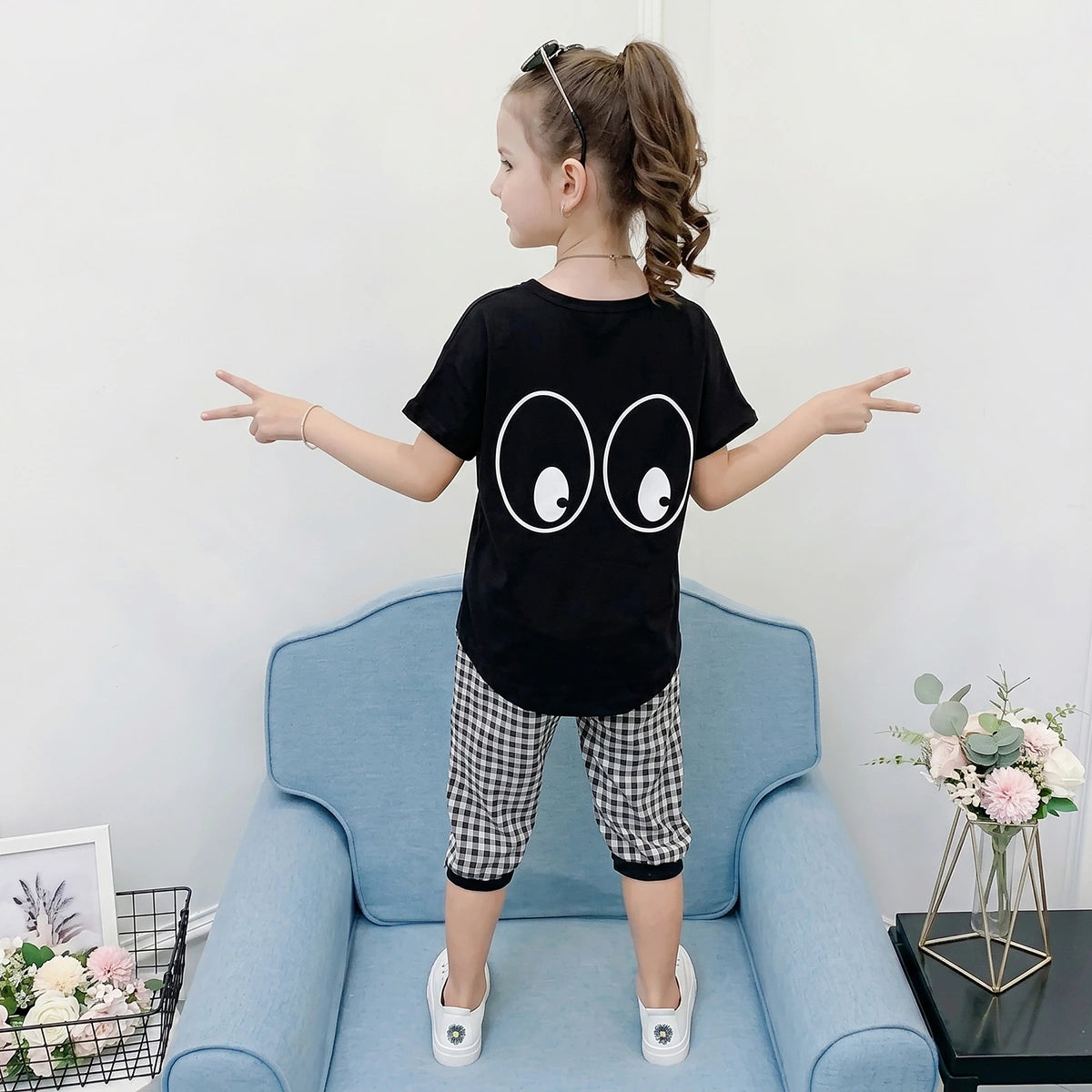 Girls Black Eye Graphic Printed Short Sleeve T-Shirt With Gingham Shorts Sets 2 pc. Sets