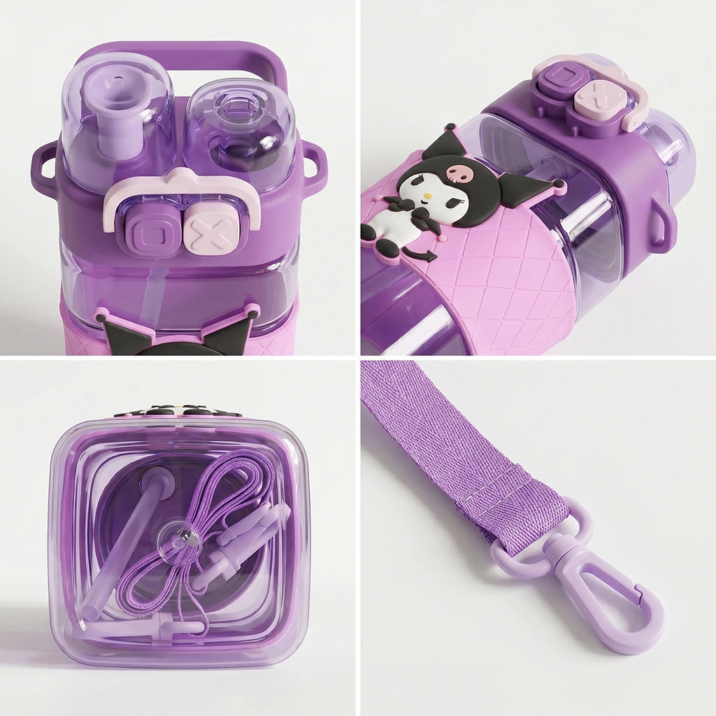 Cute Kids Purple Dual Spout Water Bottle with Straw, Leakproof Lid & Adjustable Strap Trending Accessories