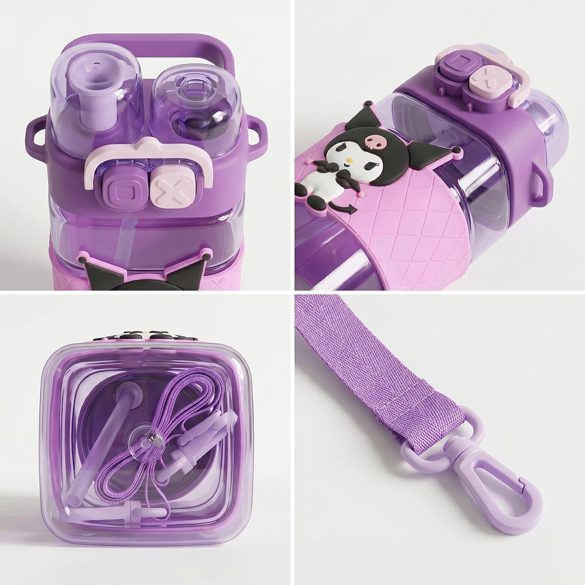 Cute Kids Purple Dual Spout Water Bottle with Straw, Leakproof Lid & Adjustable Strap Trending Accessories