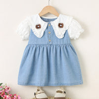 Girls Light Blue Light Wash Peter Pan Collar Fit & Flare Denim Dress Casual Dresses Light Blue 1-2 Y