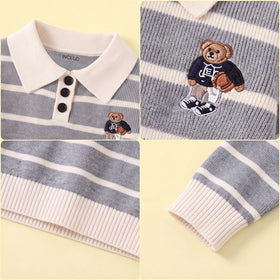 Boys Grey Polo Collar Sweatshirt With Self Design Stripe Patterns Sweaters & Cardigans