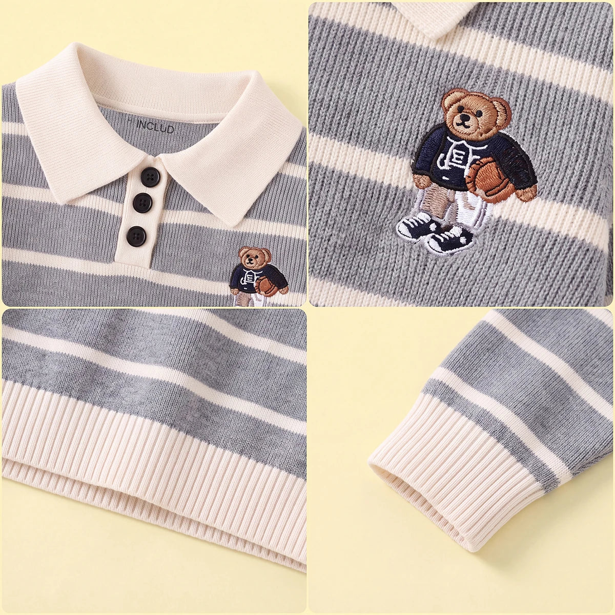 Boys Grey Polo Collar Sweatshirt With Self Design Stripe Patterns Sweaters & Cardigans