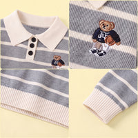Boys Grey Polo Collar Sweatshirt With Self Design Stripe Patterns Sweaters & Cardigans
