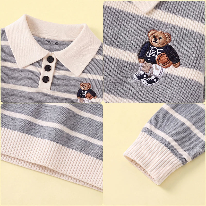Boys Grey Polo Collar Sweatshirt With Self Design Stripe Patterns Sweaters & Cardigans