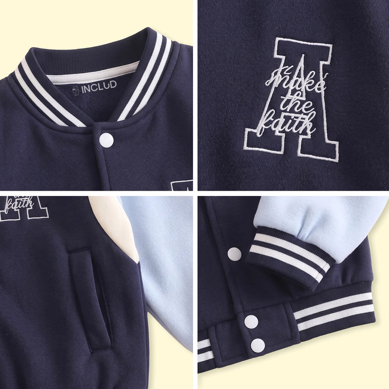 Boys Navy Blue Embroidered Long Sleeve Varsity Jacket Coats & Jackets