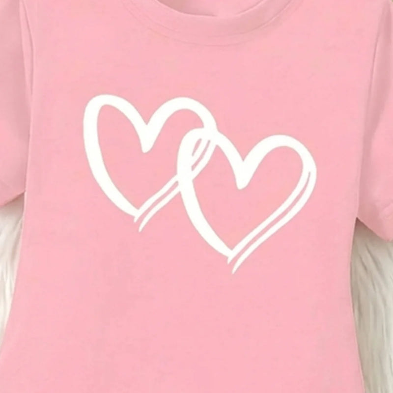 Girls Pink Heart Print Short Sleeve T-Shirt Dress Casual Dresses