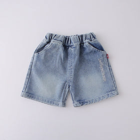 Boys Blue Typographic Print Short Sleeves T-Shirt With Denim Shorts Set Sets