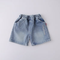 Boys Blue Typographic Print Short Sleeves T-Shirt With Denim Shorts Set Sets