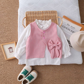 Girls Pink Textured Sleeveless Jacket With Top & Pants Set Sets Pink 1-2 Y