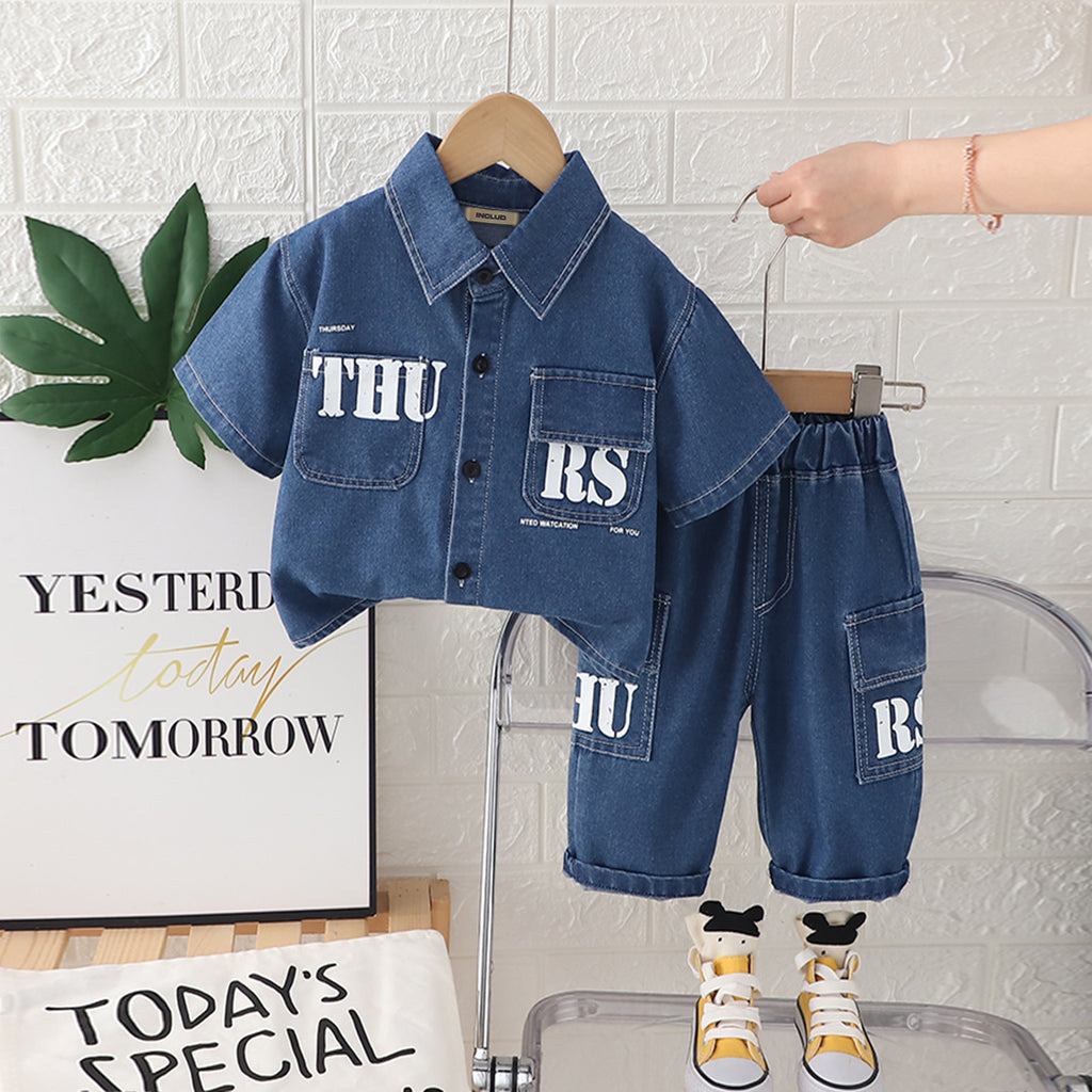 Boys Blue Denim Printed Short Sleeves Shirt With Cargo Pants Set 2 pc. Sets