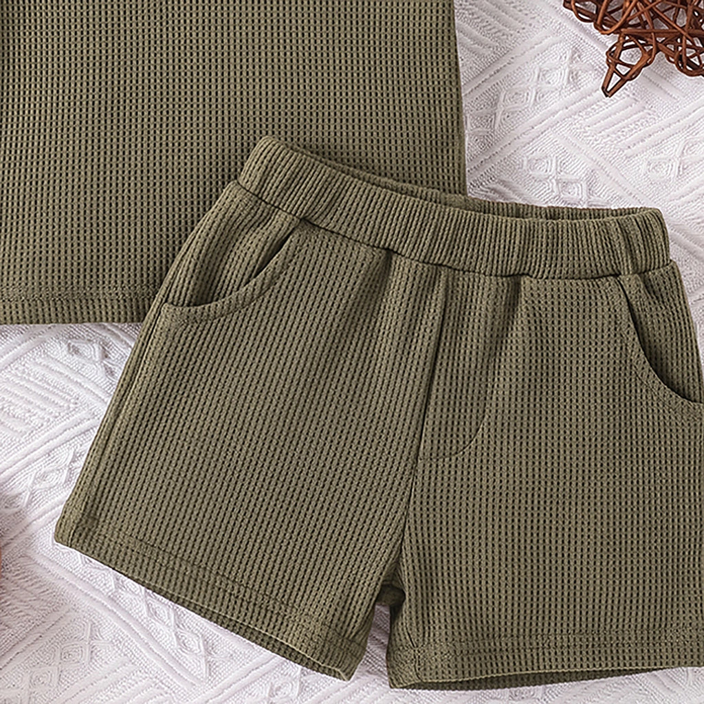 Boys Olive Green Waffle Knit Raglan Sleeve T-Shirt With Shorts Sets 2 pc. Sets