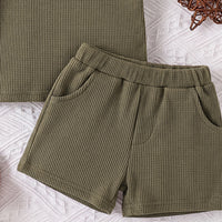 Boys Olive Green Waffle Knit Raglan Sleeve T-Shirt With Shorts Sets 2 pc. Sets