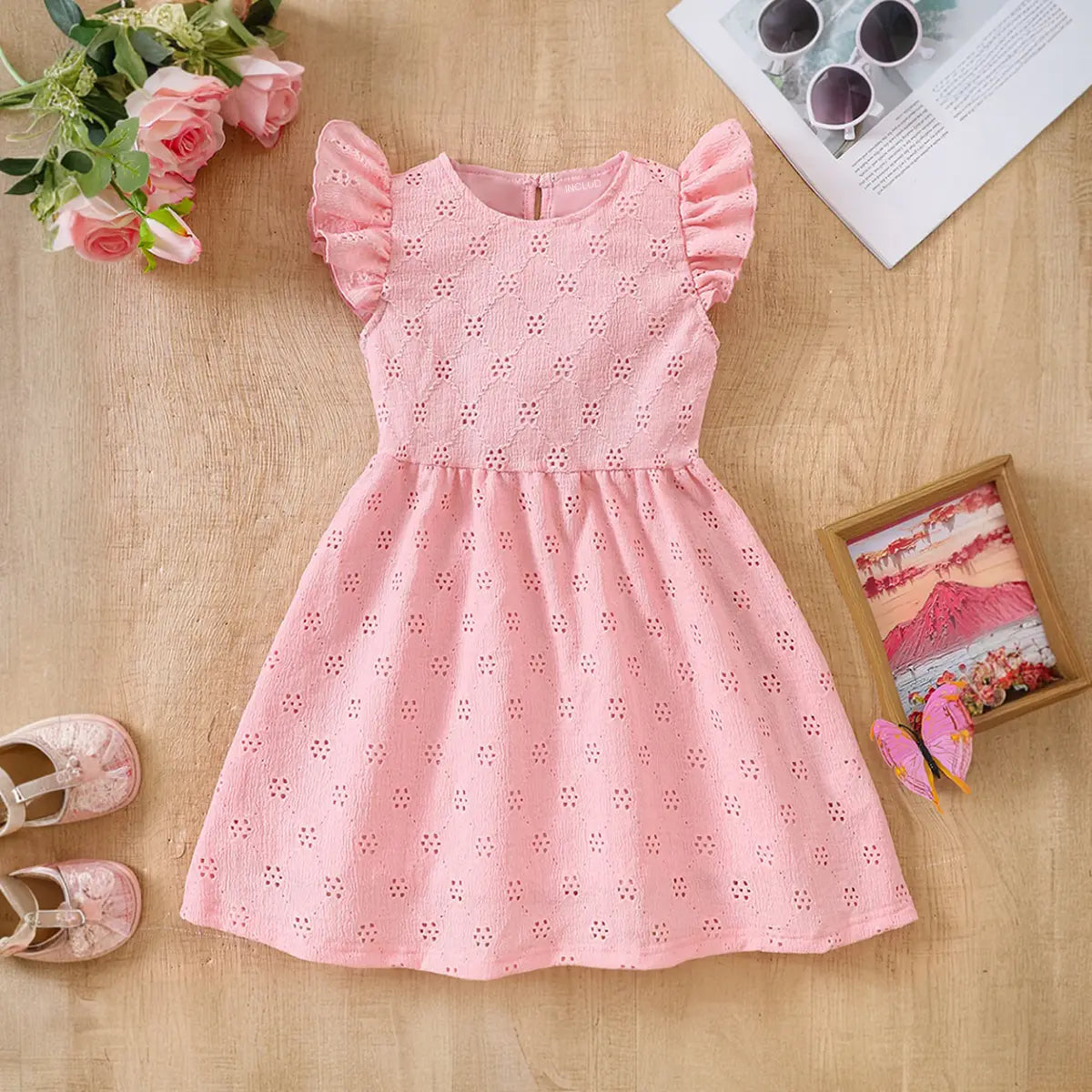 Girls Pink Schiffli Embroidered Fit & Flare Dress with Flutter Sleeves Casual Dresses Pink 3-4 Y