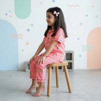Girls Pink Printed Short Sleeve Shirt With Printed Pyjama Sets Sets