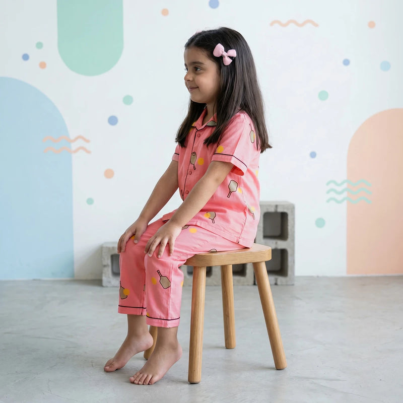 Girls Pink Printed Short Sleeve Shirt With Printed Pyjama Sets Sets