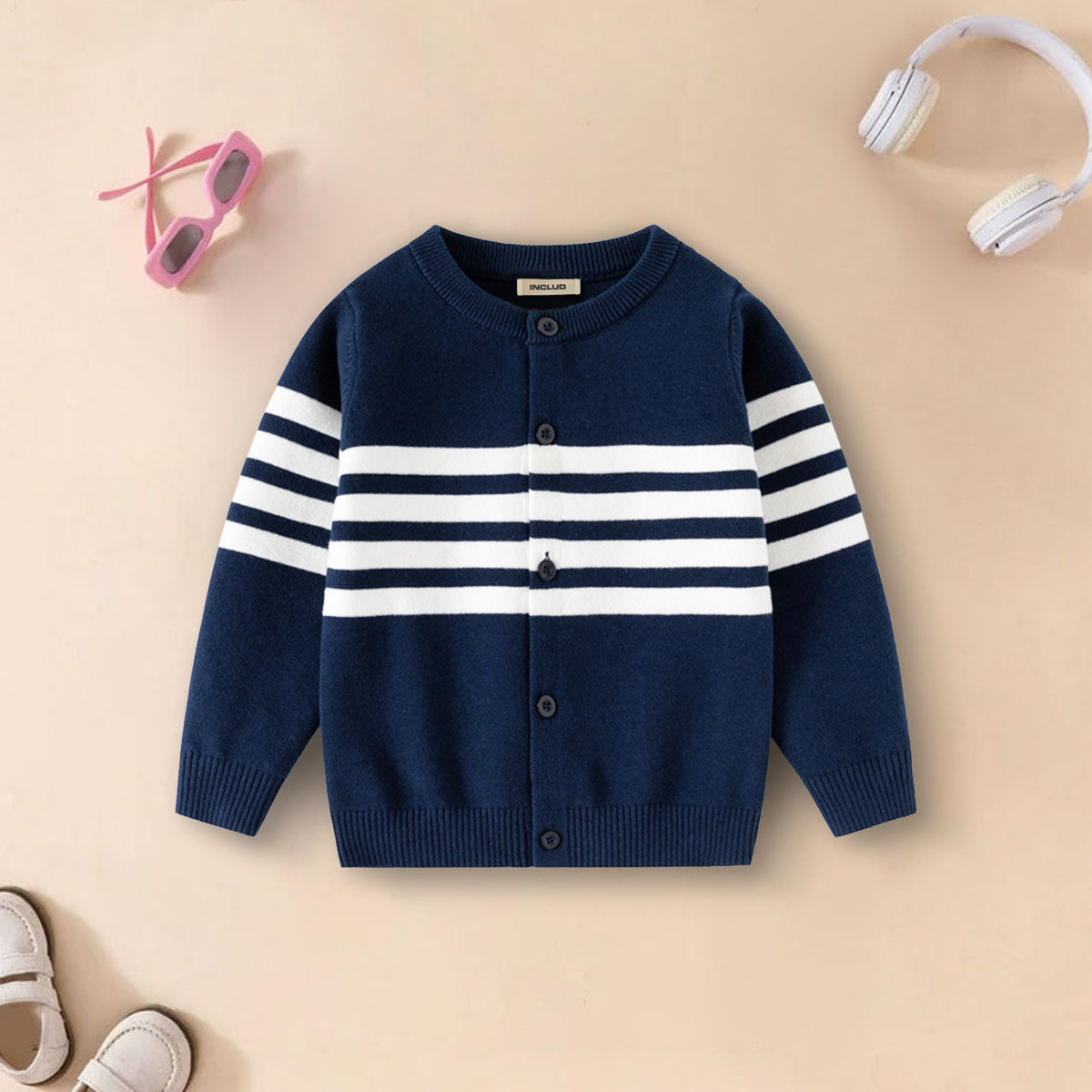 Boys Navy Blue Cardigan With Self-Design Stripe Patterns Sweaters & Cardigans Navy Blue 2-3 Y