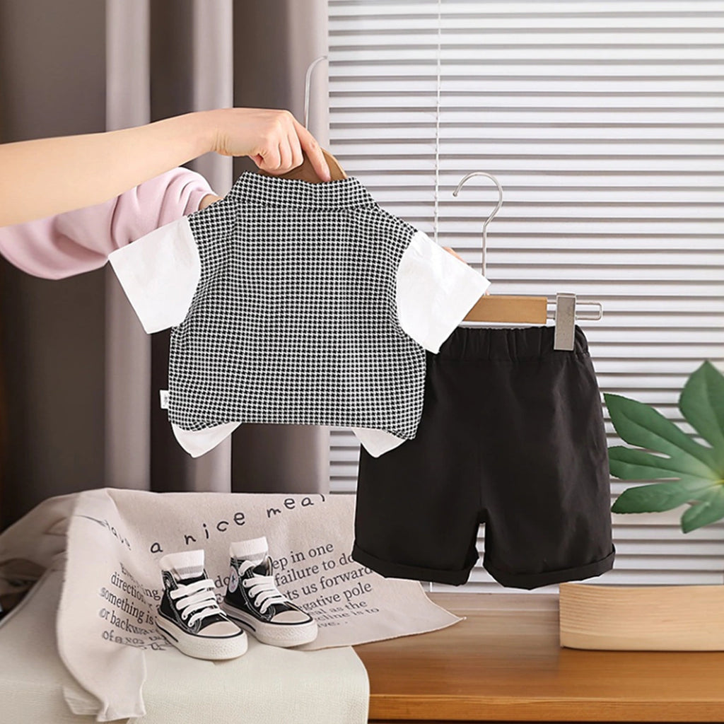 Boys Black Houndstooth Fake waistcoat Shirt With Shorts Sets Sets