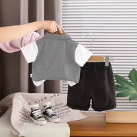Boys Black Houndstooth Fake waistcoat Shirt With Shorts Sets Sets