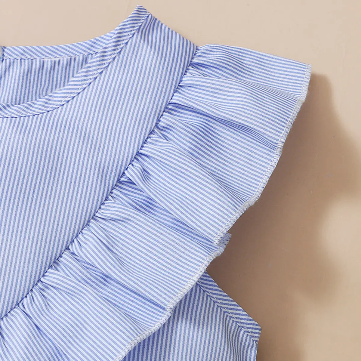 Girls Light Blue Stripes Ruffled Top With Eyelet Hem Skirts Set Sets