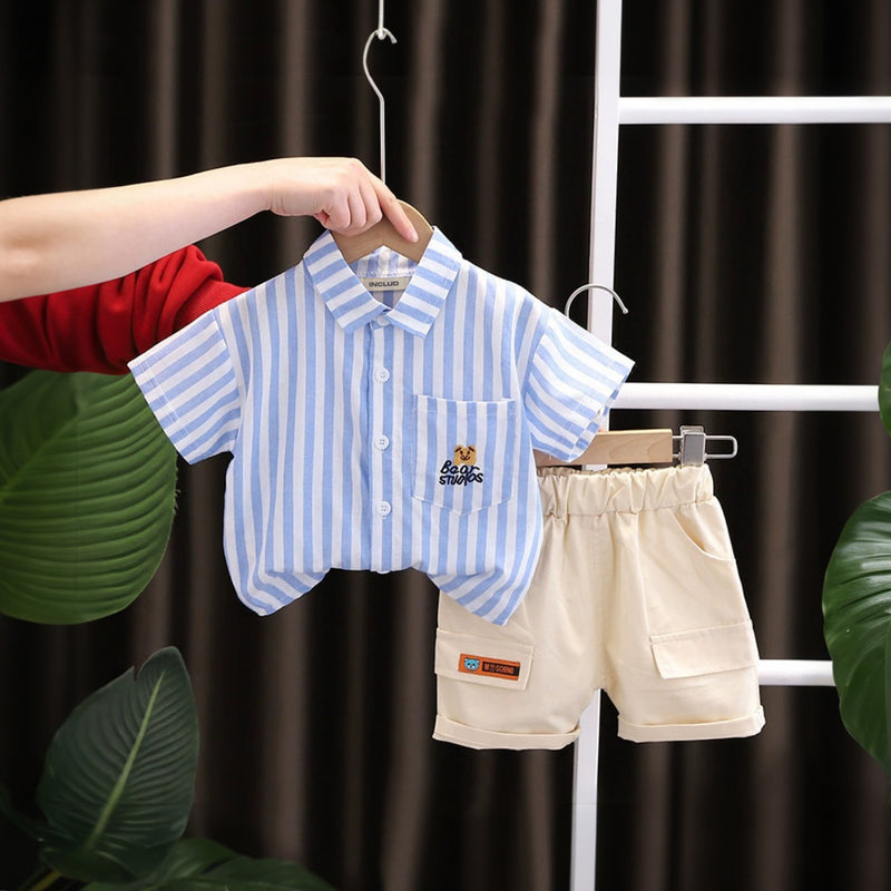 Boys Blue Stripes Short Sleeve Shirt With Elasticated Shorts Set 2 pc. Sets