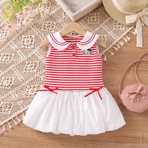 Girls Red Striped Sleeveless Balloon Dress Casual Dresses Red 1-2 Y