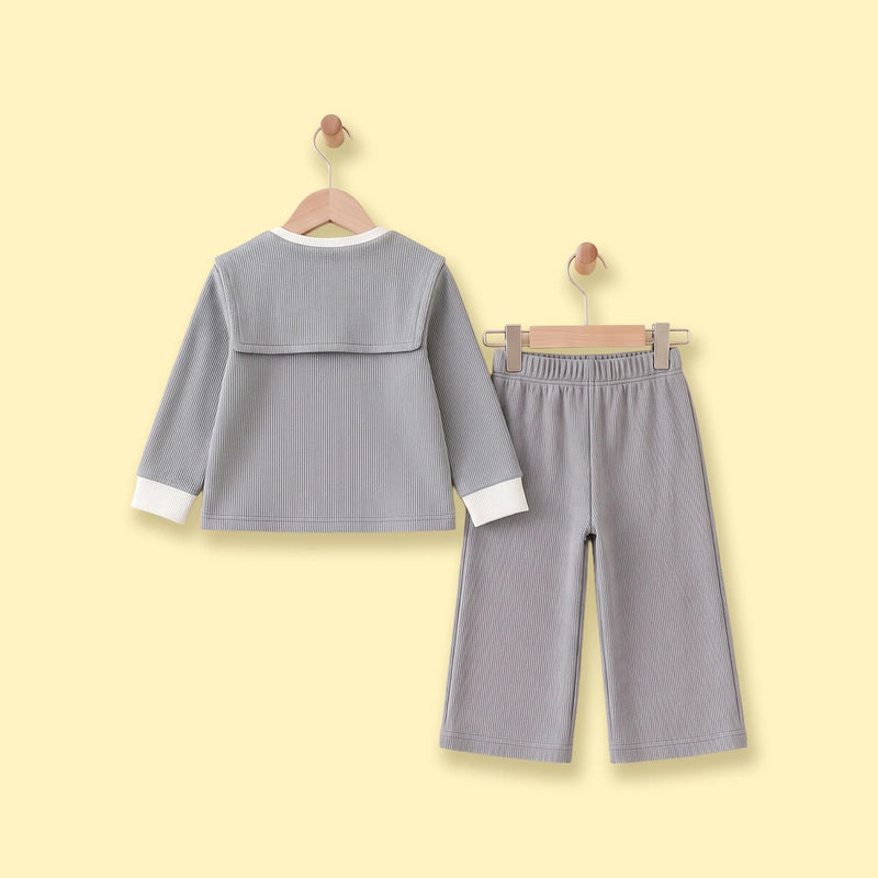 Girls Grey Ribbed Sailor Collar Overlay Top & Pants Co-ord Sets Sets