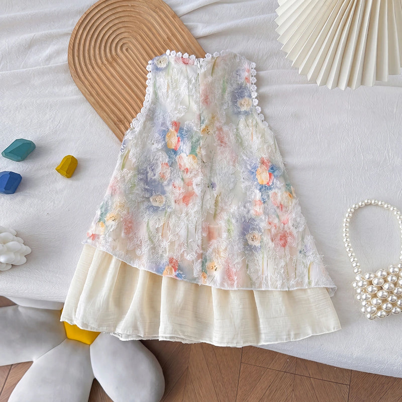 Girls Cream Floral Tulip Layered Dress Casual Dresses