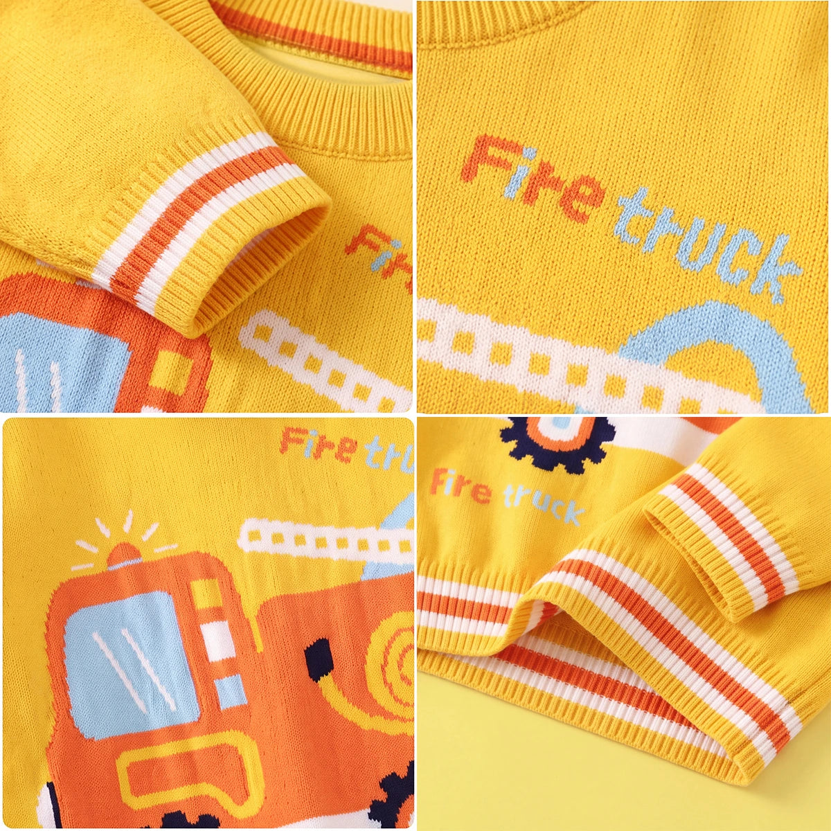 Boys Yellow Sweater With Self-Design Fire Truck Pattern Sweaters & Cardigans