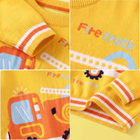 Boys Yellow Sweater With Self-Design Fire Truck Pattern Sweaters & Cardigans