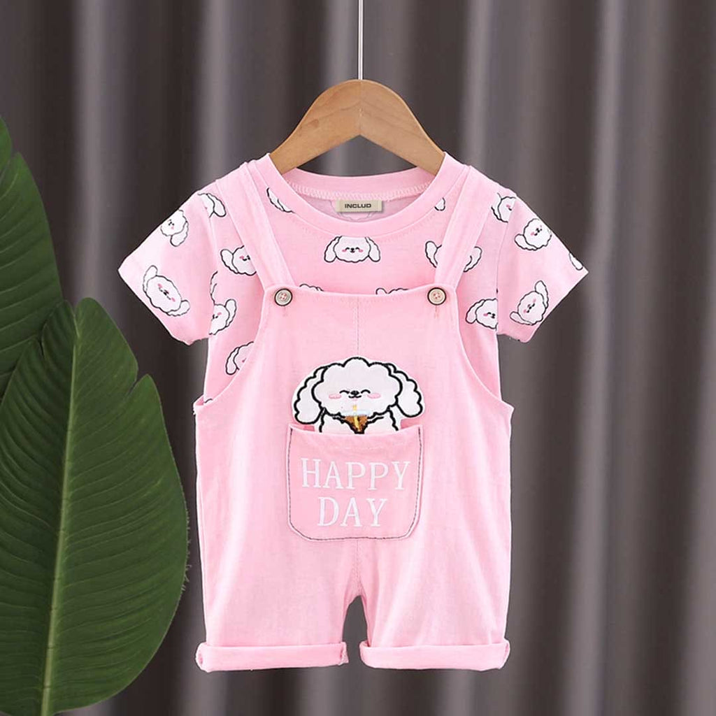Girls Puppy Printed T-shirt with Dungaree Set