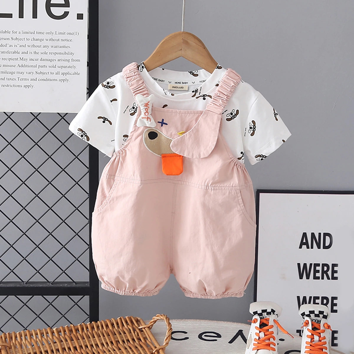 Girls Pink Embroidered Dungaree With Puppy Print T-Shirt Set Sets Pink 1-2 Y
