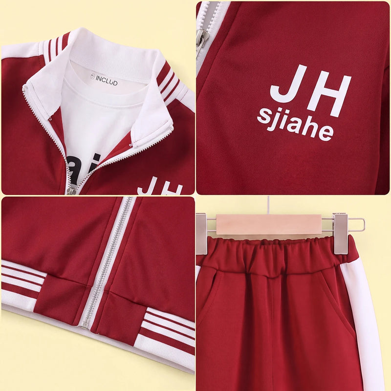 Boys Red Typographic Printed Front Open Jacket With T-Shirt & Joggers Set Sets
