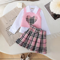 Girls Pink Heart Applique Vest With Shirt & Checked Skirt Sets Sets Pink 2-3 Y