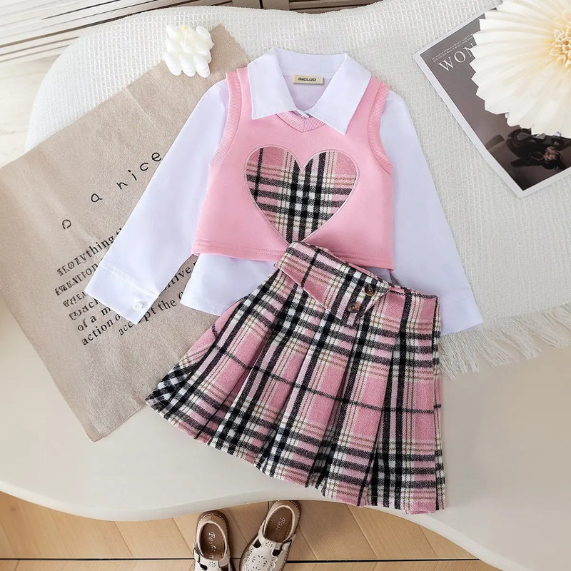 Girls Pink Heart Applique Vest With Shirt & Checked Skirt Sets Sets Pink 2-3 Y