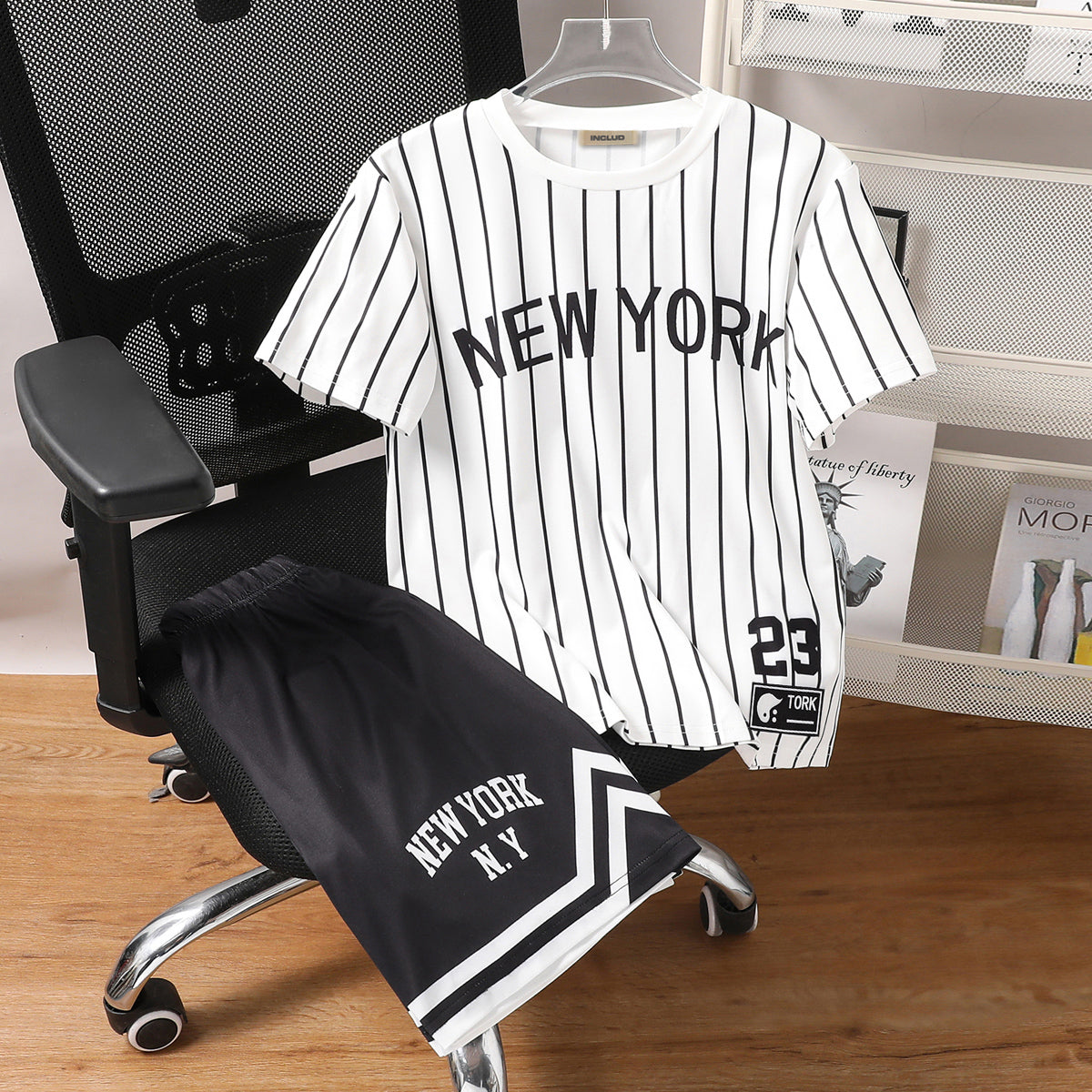 Boys Striped Short Sleeves T-Shirt With Black Shorts Set 2 pc. Sets Black 7-8 Y