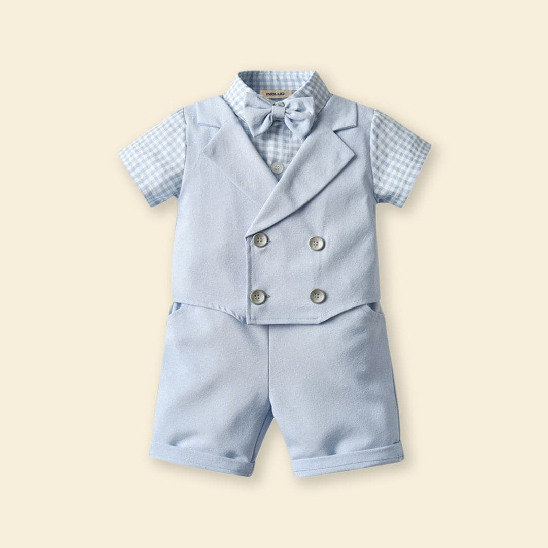Boys Waistcoat Mock Checkered Shirt With Shorts Set Sets   