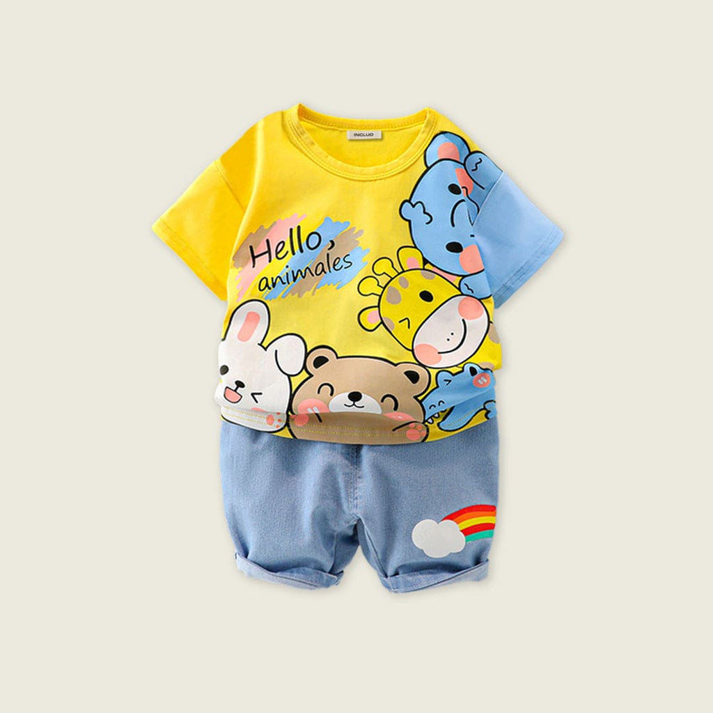 Boys Yellow Short Sleeve Cartoon Graphic T-Shirt With Denim Shorts