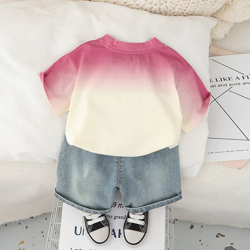 Boys Pink Ombre Printed T-Shirt With Denim Shorts Set 2 pc. Sets
