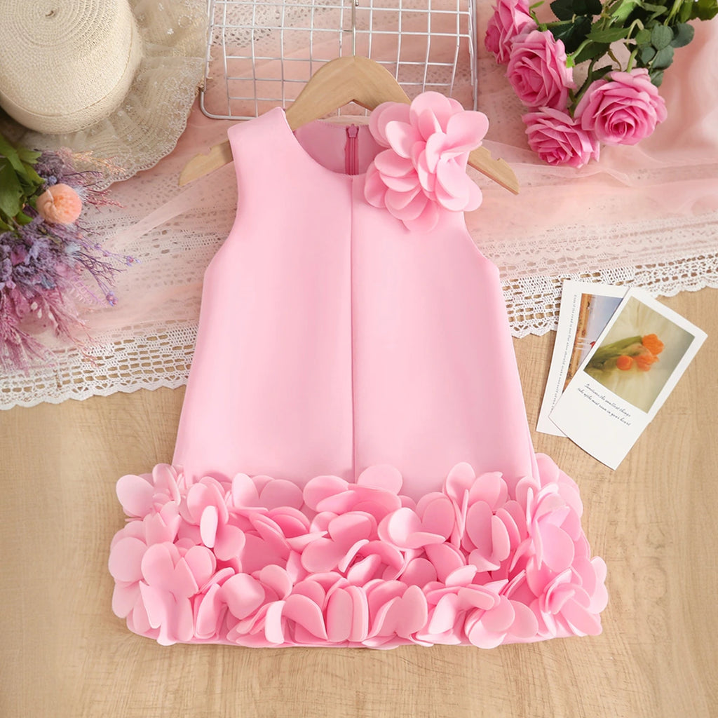Girls Pink Solid A-line Party Dress With Flower Appliques Party Dresses Pink 2-3 Y
