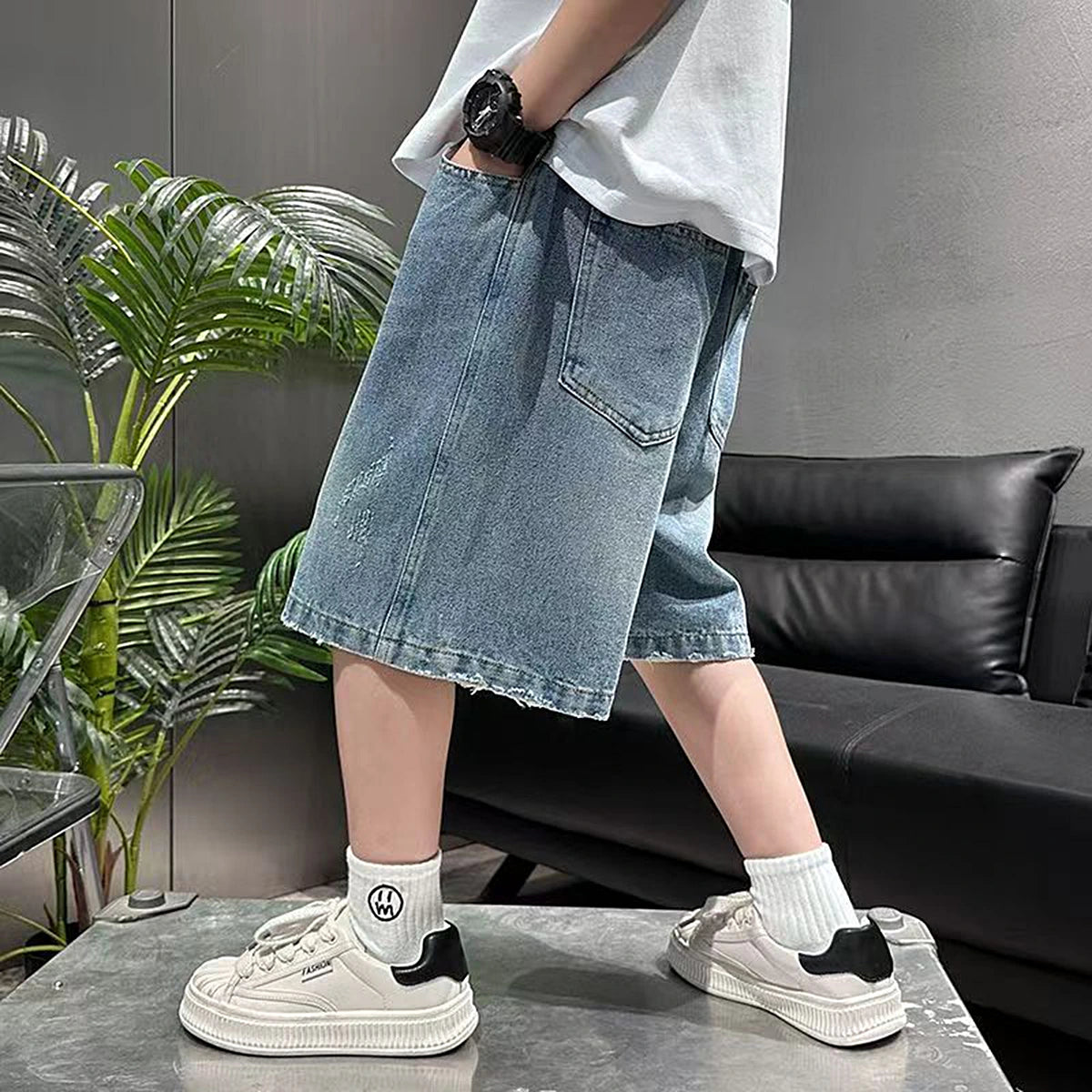 Boys Light Blue Embroidered Denim Shorts Shorts