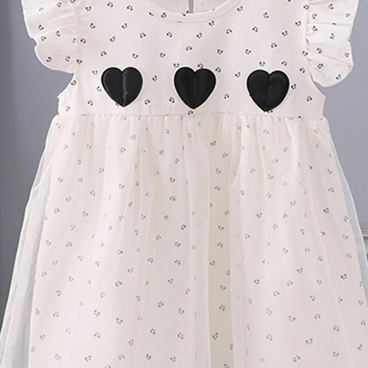 Girls Black Heart Applique A-Line Dress With Floral Print Tulle Overlay Casual Dresses